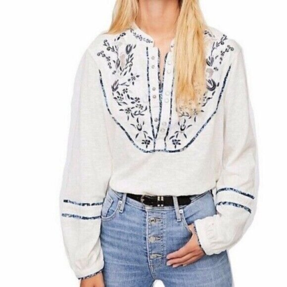Free People Sundance Kid Embroidered White Jersey Henley Popover Top Small - Picture 1 of 9
